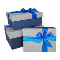 Д10103П.388 Набор подарочных коробок 3 в 1 с бантом тиснение РОГОЖКА 190х150х90 серый-синий