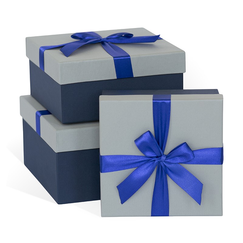 Д10103К.074 Набор подарочных коробок 3 в 1 с бантом тиснение РОМБ 210x210x110 серый-синий