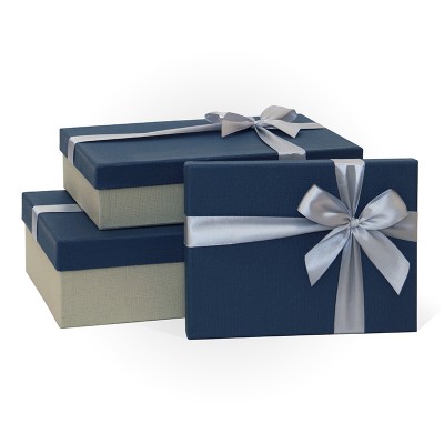 Д10103П.134 Набор подарочных коробок 3 в 1 с бантом тиснение РОГОЖКА 290x190x80 синий-серый