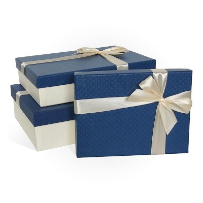 Д10103П.286 Набор подарочных коробок 3 в 1 с бантом тисненая бумага РОМБ-крупный 290x190x80 синий-слоновая кость