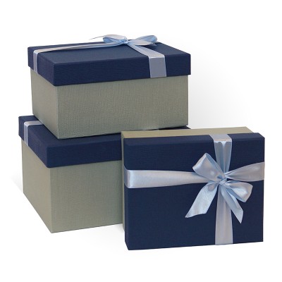 Д10103П.124 Набор подарочных коробок 3 в 1 с бантом тиснение РОГОЖКА 230x190x130 синий-серый