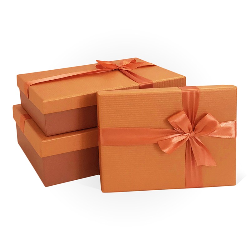 Д10103П.221 Набор подарочных коробок 3 в 1 с бантом бумага ПЕРЛАМУТР МИКС 290x190x80 оранжевый-медь
