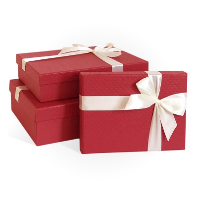 Д10103П.213 Набор подарочных коробок 3 в 1 с бантом тисненая бумага МИКС 290x190x80 красный-бордовый