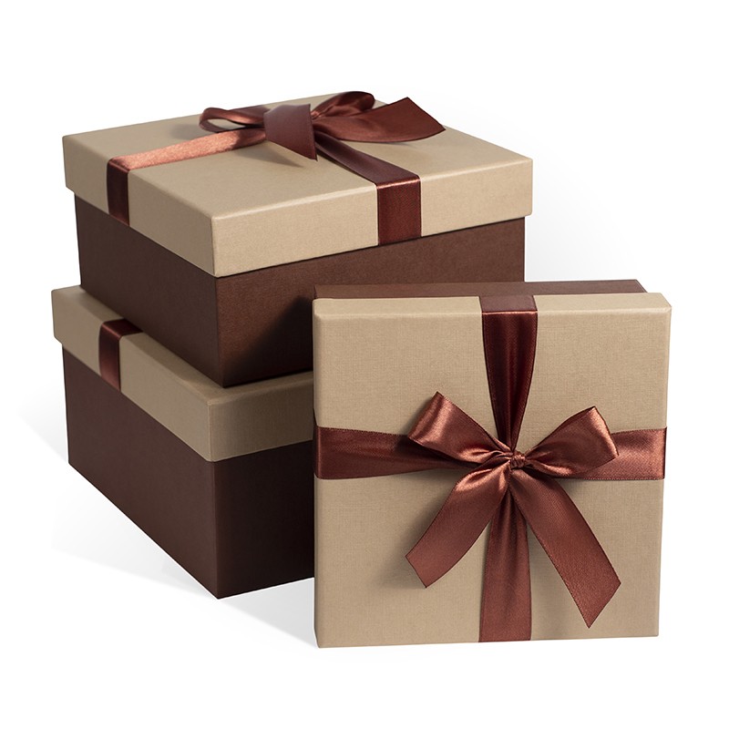 Д10103К.066 Набор подарочных коробок 3 в 1с бантом тисненая бумага 210x210x110 капучино-шоколадный
