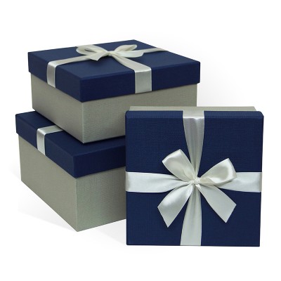 Д10103К.118 Набор подарочных коробок 3 в 1 с бантом тиснение РОГОЖКА 210x210x110 синий-серый