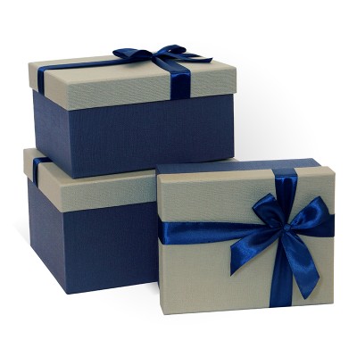 Д10103П.120 Набор подарочных коробок 3 в 1 с бантом тиснение РОГОЖКА 230x190x130 серый-синий