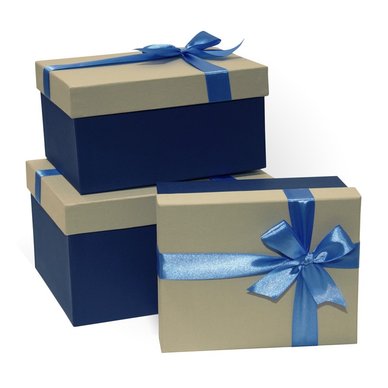Д10103П.178 Набор подарочных коробок 3 в 1 с бантом тиснение РОМБ 230x190x130 серый-синий