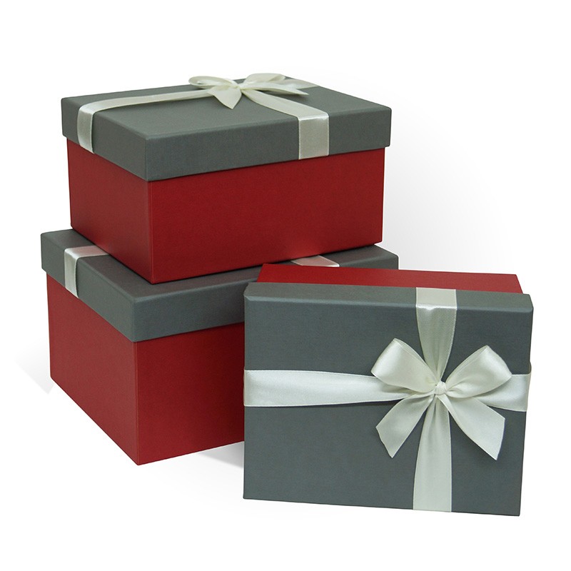 Д10103П.075 Набор подарочных коробок 3 в 1 с бантом тисненая бумага 230x190x130 антрацит-красный