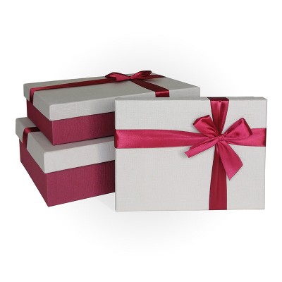 Д10103П.319 Набор подарочных коробок 3 в 1 с бантом тиснение РОГОЖКА 290x190x80 серый-бордовый