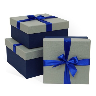 Д10103К.114 Набор подарочных коробок 3 в 1 с бантом тиснение РОГОЖКА 210x210x110 серый-синий