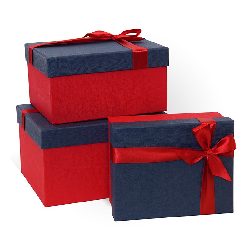 Д10103П.123 Набор подарочных коробок 3 в 1 с бантом тиснение РОГОЖКА 230x190x130 синий-красный