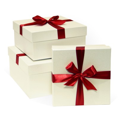 Д10103К.129 Набор подарочных коробок 3 в 1 с бантом бумага ПЕРЛАМУТР 210x210x110 ванильный