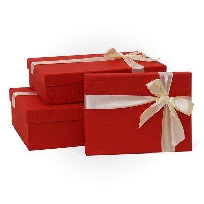 Д10103П.137 Набор подарочных коробок 3 в 1 с бантом тиснение РОГОЖКА 290x190x80 красный