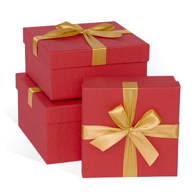 Д10103К.082 Набор подарочных коробок 3 в 1 с бантом тиснение ЛЕН 210x210x110 красный