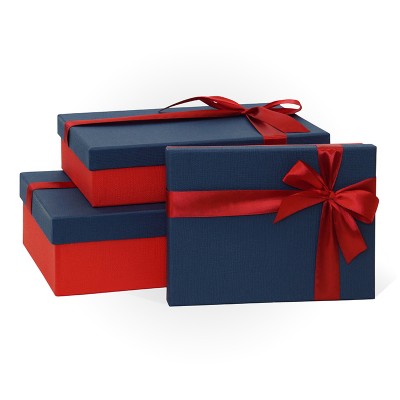 Д10103П.133 Набор подарочных коробок 3 в 1 с бантом тиснение РОГОЖКА 290x190x80 синий-красный
