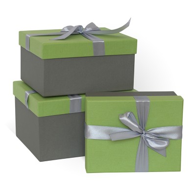 Д10103П.078 Набор подарочных коробок 3 в 1 с бантом тисненая бумага 230x190x130 зеленый-антрацит