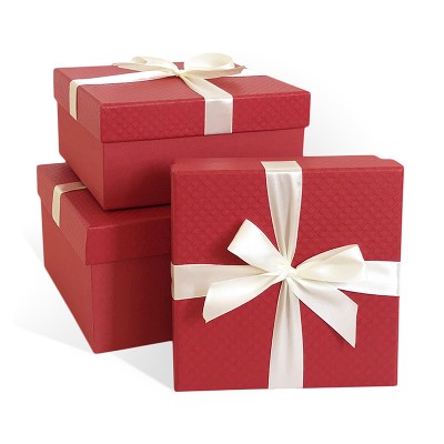 Д10103К.143 Набор подарочных коробок 3 в 1 с бантом тисненая бумага МИКС 210x210x110 красный-бордовый