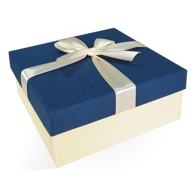 Д10103К.Д115.3 Коробка подарочная с бантом тиснение РОГОЖКА 170x170x70 синий-слоновая кость