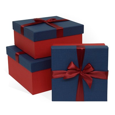 Д10103К.117 Набор подарочных коробок 3 в 1 с бантом тиснение РОГОЖКА 210x210x110 синий-красный