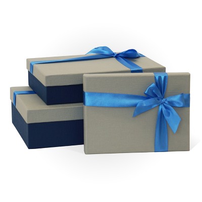 Д10103П.130 Набор подарочных коробок 3 в 1 с бантом тиснение РОГОЖКА 290x190x80 серый-синий