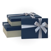 Д10103П.134 Набор подарочных коробок 3 в 1 с бантом тиснение РОГОЖКА 290x190x80 синий-серый