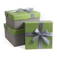 Д10103К.064 Набор подарочных коробок 3 в 1с бантом тисненая бумага 210x210x110 зеленое яблоко-титан