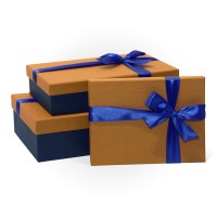 Д10103П.158 Набор подарочных коробок 3 в 1 с бантом тиснение ЛЕН 290x190x80 ореховый-синий