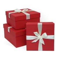 Д10103К.121 Набор подарочных коробок 3 в 1 с бантом тиснение РОГОЖКА 210x210x110 красный