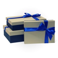 Д10103П.186 Набор подарочных коробок 3 в 1 с бантом тиснение РОМБ 290x190x80 серый-синий