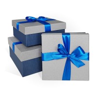 Д10103К.207 Набор подарочных коробок 3 в 1 с бантом тиснение РОГОЖКА 190х190х90 серый-синий