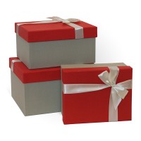Д10103П.125 Набор подарочных коробок 3 в 1 с бантом тиснение РОГОЖКА 230x190x130 красный-серый