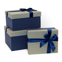 Д10103П.388 Набор подарочных коробок 3 в 1 с бантом тиснение РОГОЖКА 190х150х90 серый-синий